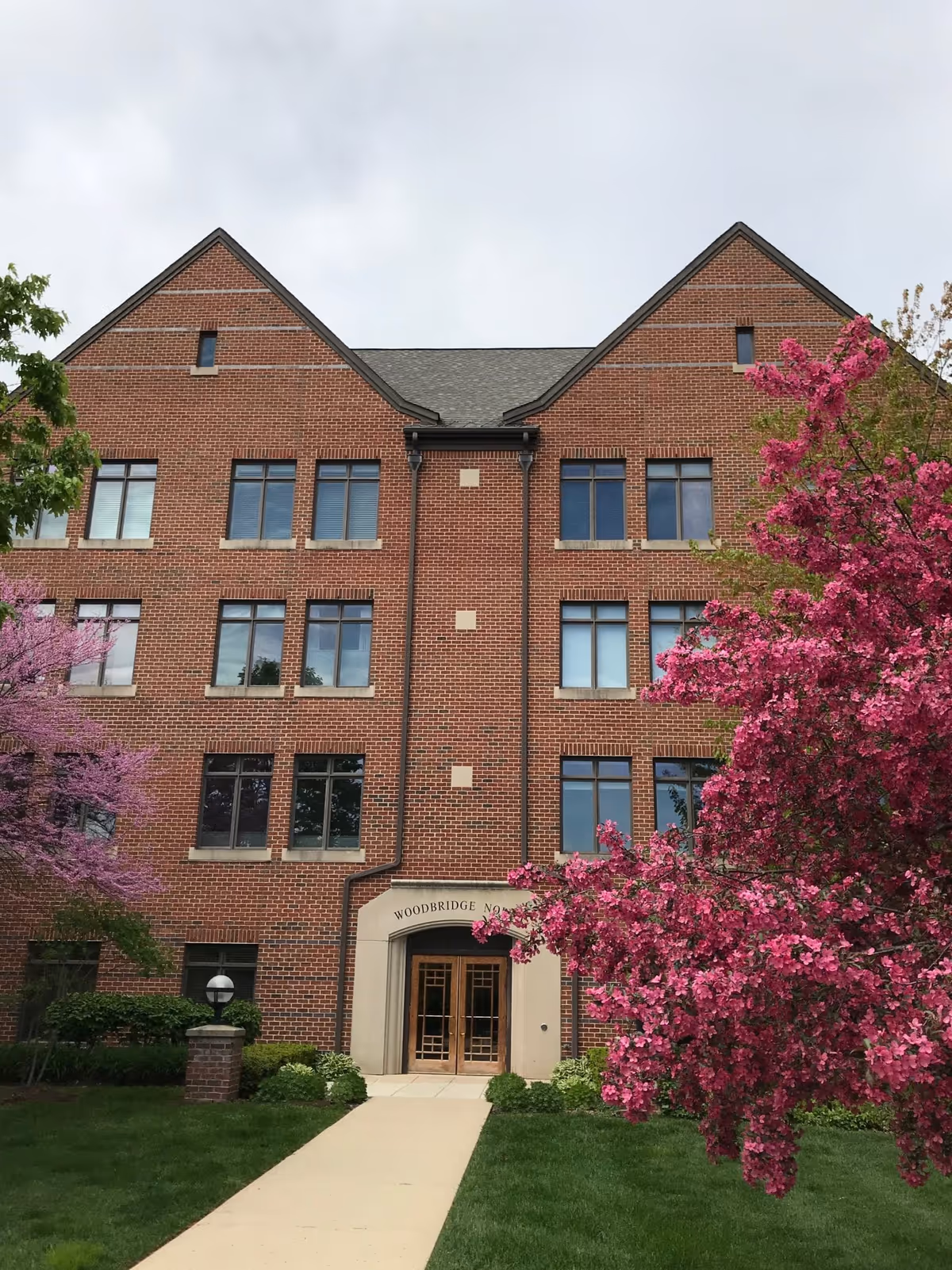 Front facade of a red-brick multi-story building with a central arched entrance and pink flowering trees along the walkway.