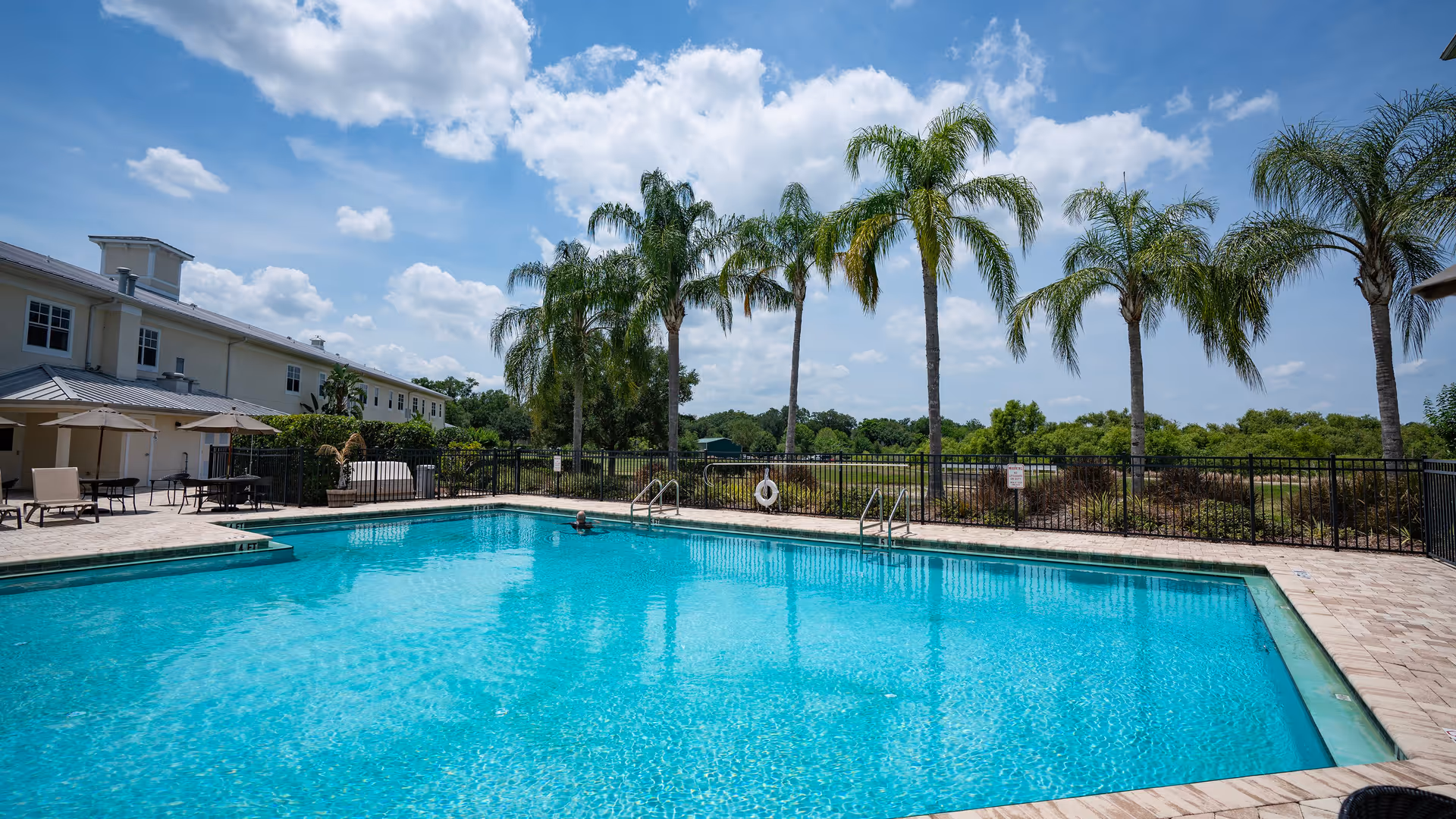 Outdoor swimming pool with clear blue water surrounded by a paved deck with lounge chairs and umbrellas. Palm trees line the background with a clear blue sky and some clouds. A building is visible on the left side of the pool area.