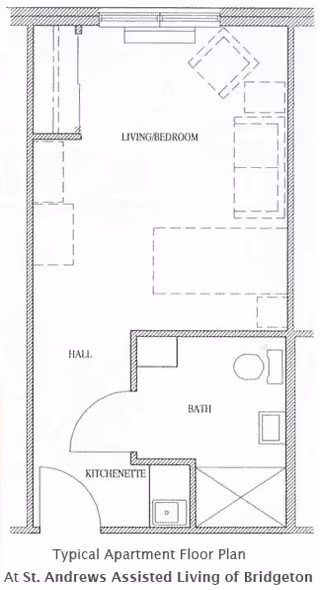 Architectural floor plan of a typical apartment at St. Andrews Assisted Living of Bridgeton, showing a living/bedroom area, hall, kitchenette, and bathroom.