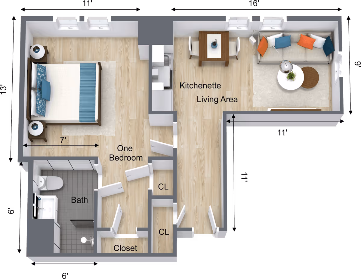 Rendered top-down one-bedroom apartment floor plan showing a bedroom, bathroom, closets, kitchenette, and living area.