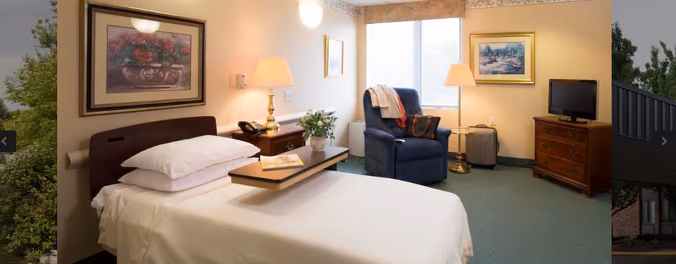 A neatly made single bed with white linens and two pillows in a well-lit room. Next to the bed is a wooden nightstand with a lamp, a phone, and a small plant. A blue upholstered armchair with a blanket and a handbag sits near a window with blinds. Across from the bed is a wooden dresser with a flat-screen TV on top. The walls are decorated with framed artwork.