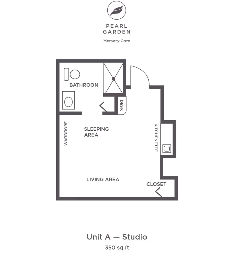 Floor plan of a studio unit labeled Unit A at Pearl Garden Memory Care, showing a bathroom, sleeping area, living area, kitchenette, desk, wardrobe, and closet within a 350 square feet space.