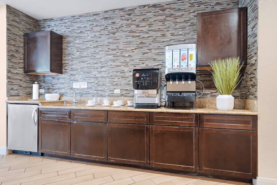 Countertop coffee and beverage station with drink dispensers, a sink, cabinets, and a potted plant against a tiled backsplash.