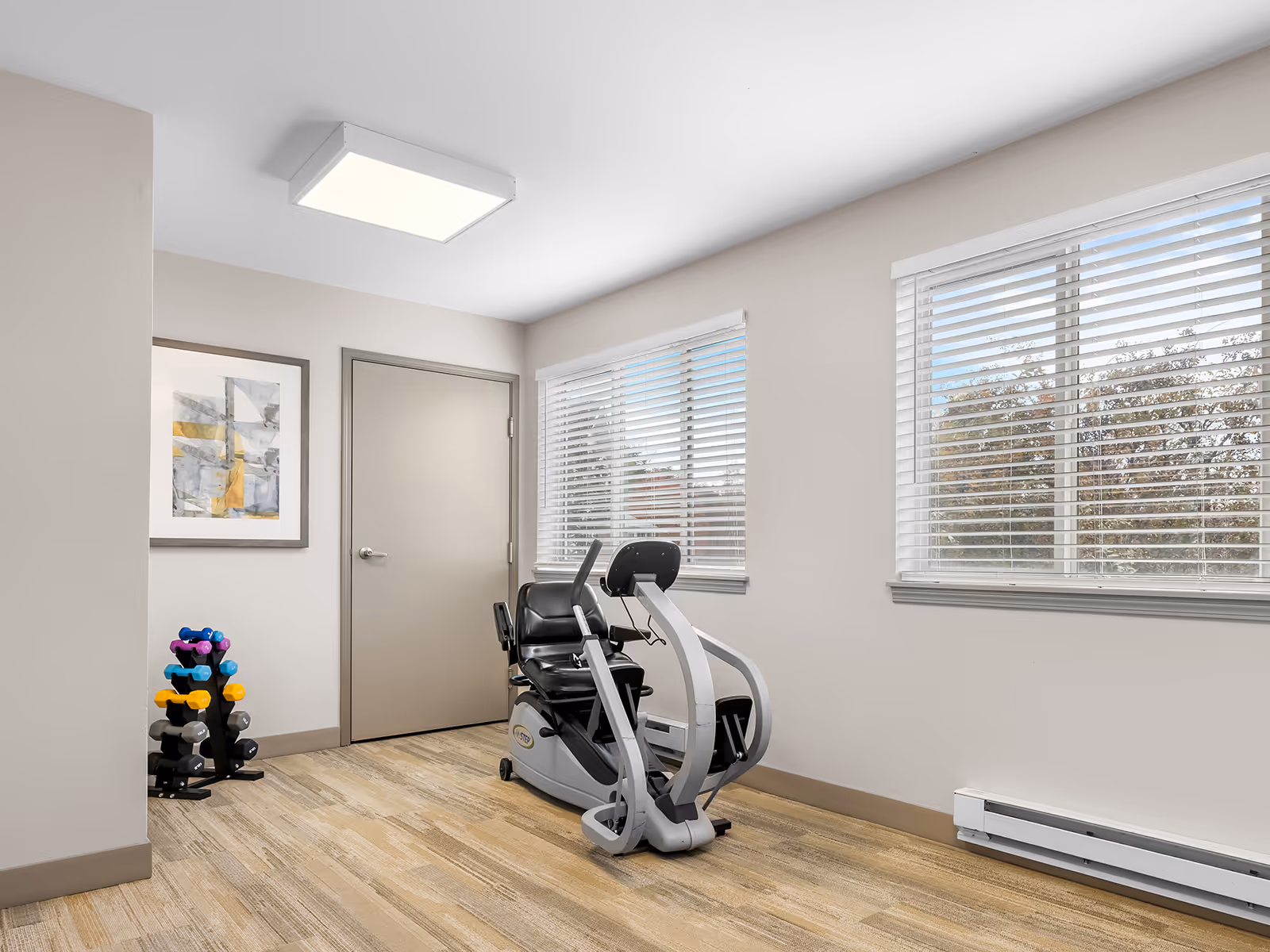 Bright small exercise room with a recumbent exercise bike, a rack of colorful dumbbells, framed art, and two windows with blinds.