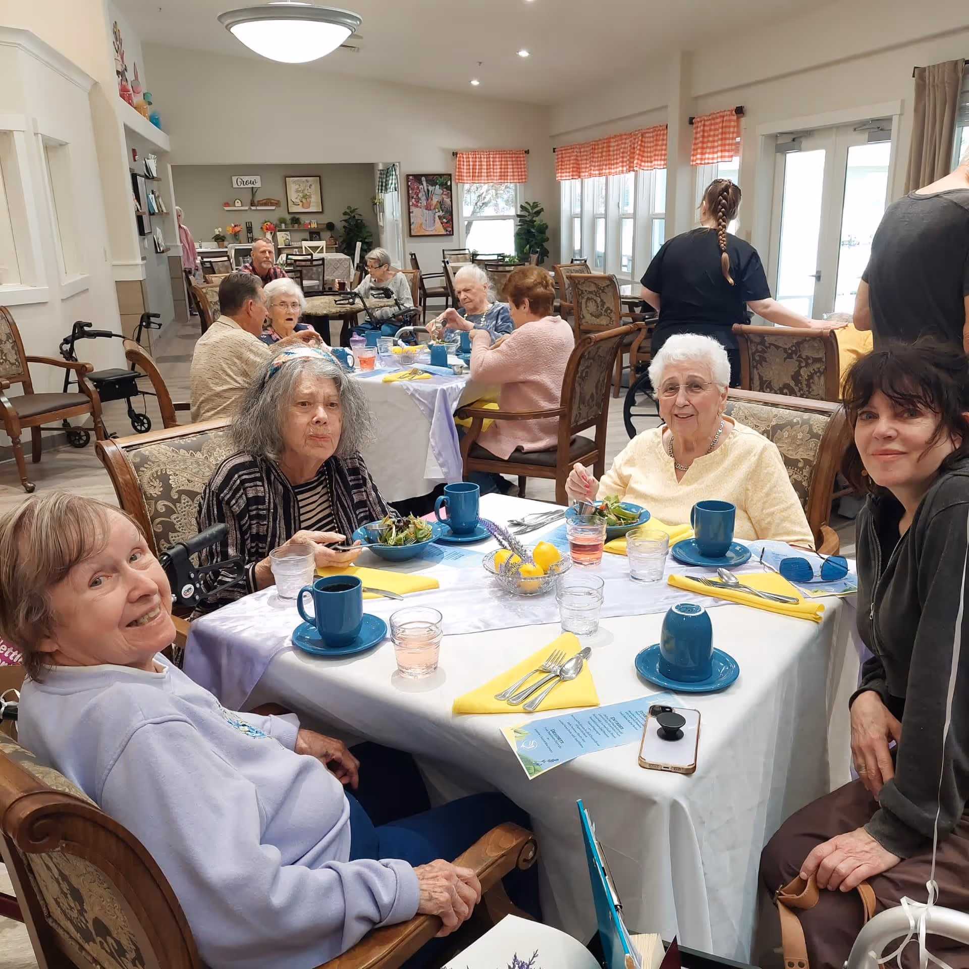A group of elderly people and a few caregivers sitting around tables in a bright dining room at The Iris Memory Care facility. The tables are set with blue cups, plates, yellow napkins, and glasses of water and juice. Some people are eating salad while others are engaged in conversation. The room has large windows with red checkered valances and light-colored walls, creating a warm and welcoming atmosphere.