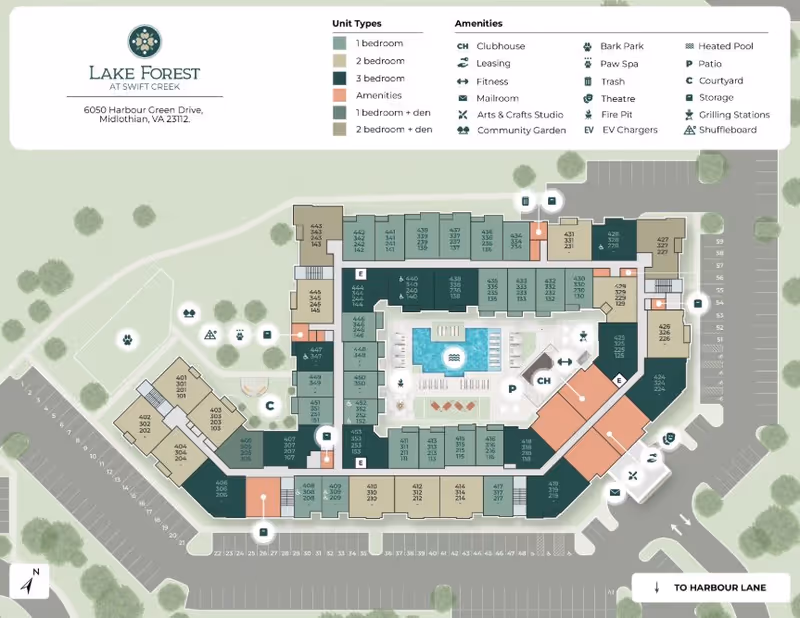 Floor plan map of Lake Forest at Swift Creek senior living facility showing unit types, amenities, parking areas, and outdoor features including a heated pool, clubhouse, bark park, and community garden. The map includes a legend for unit types and amenities, with building layout and numbered units.
