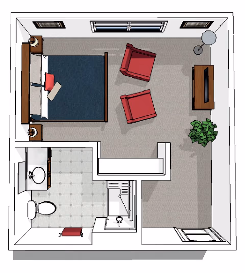 Top-down view of a senior living facility room layout featuring a bedroom with a bed, two red armchairs, a TV on a stand, a floor lamp, and a plant. Adjacent to the bedroom is a bathroom with a sink, toilet, and shower.