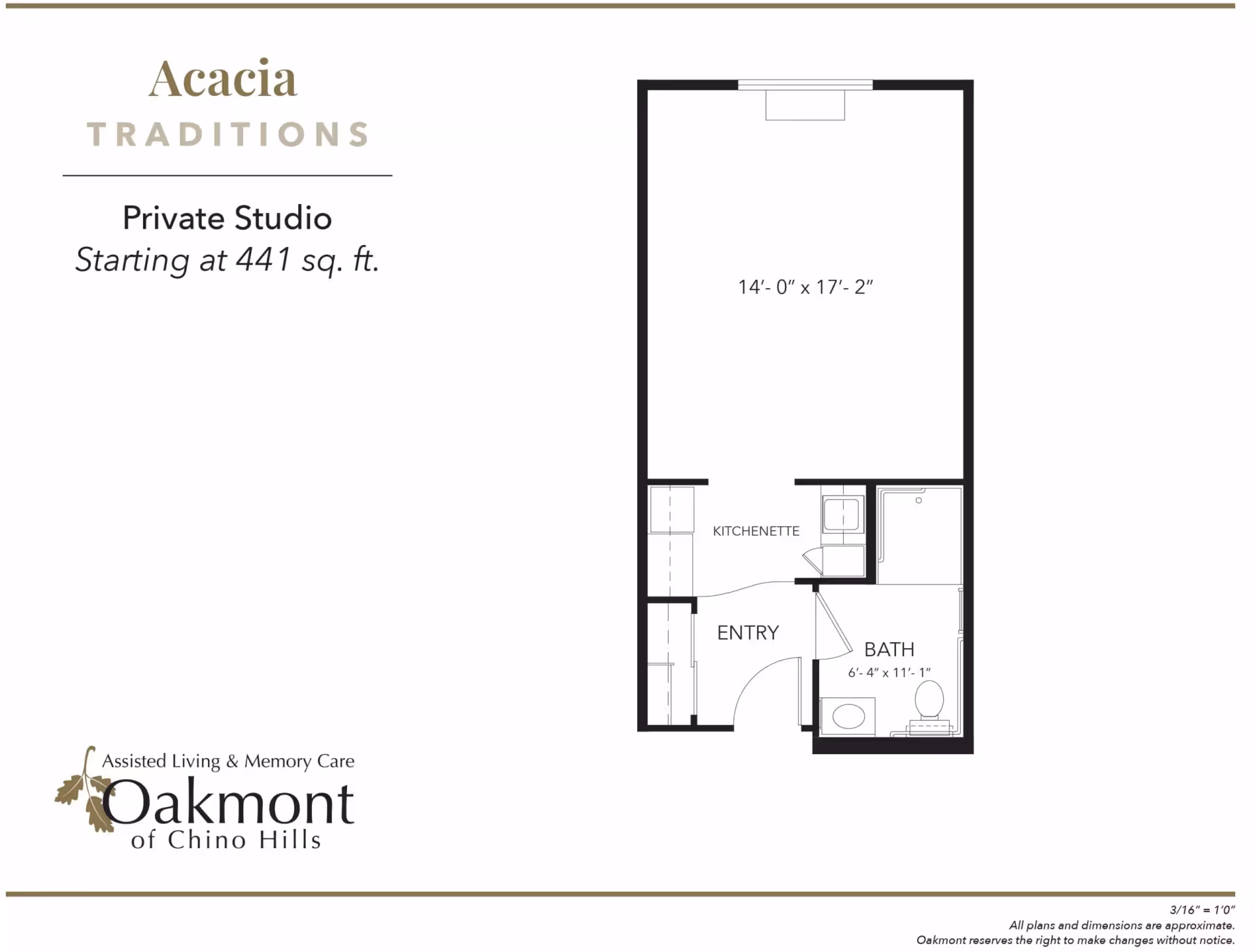 Floor plan layout of a private studio apartment named Acacia Traditions at Oakmont of Chino Hills. The studio is approximately 441 square feet and includes an entry area, kitchenette, bathroom, and a main living/sleeping area measuring 14 feet by 17 feet 2 inches.