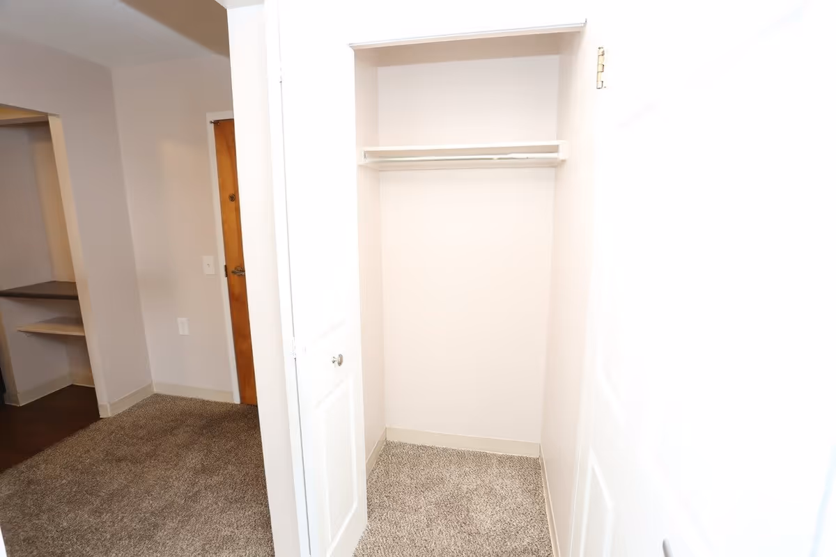 Interior view of a small empty closet with a white door, a hanging rod, and beige carpet flooring. Adjacent to the closet is a hallway with beige carpet and a wooden door in the background.