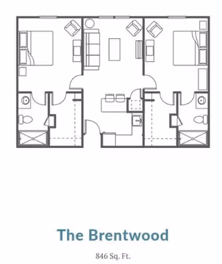 Floor plan layout of The Brentwood apartment unit showing two bedrooms, two bathrooms, a living room, and a kitchen area, totaling 846 square feet.