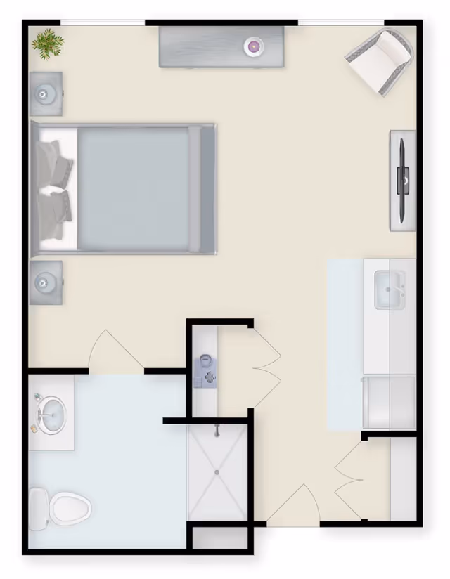 Floor plan of a senior living facility unit featuring a bedroom with a bed and two nightstands, a bathroom with a toilet, sink, and shower, a small closet, and a kitchenette area with a sink and appliances. There is also a chair and a TV in the living space.