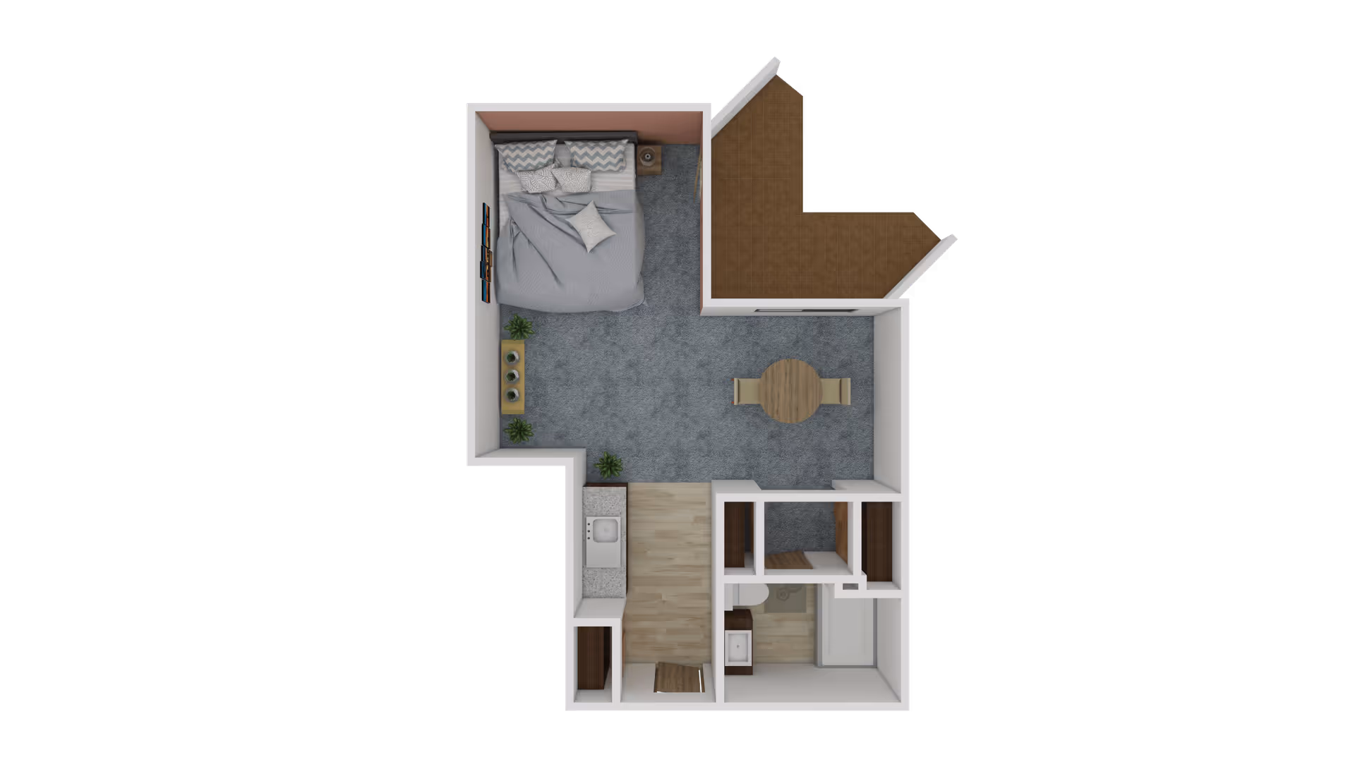 Top-down view of a one-bedroom apartment floor plan featuring a bedroom with a bed and nightstand, a living area with a round dining table and two chairs, a kitchen area with a sink and countertop, a bathroom with a toilet and bathtub, and a small balcony or outdoor space.