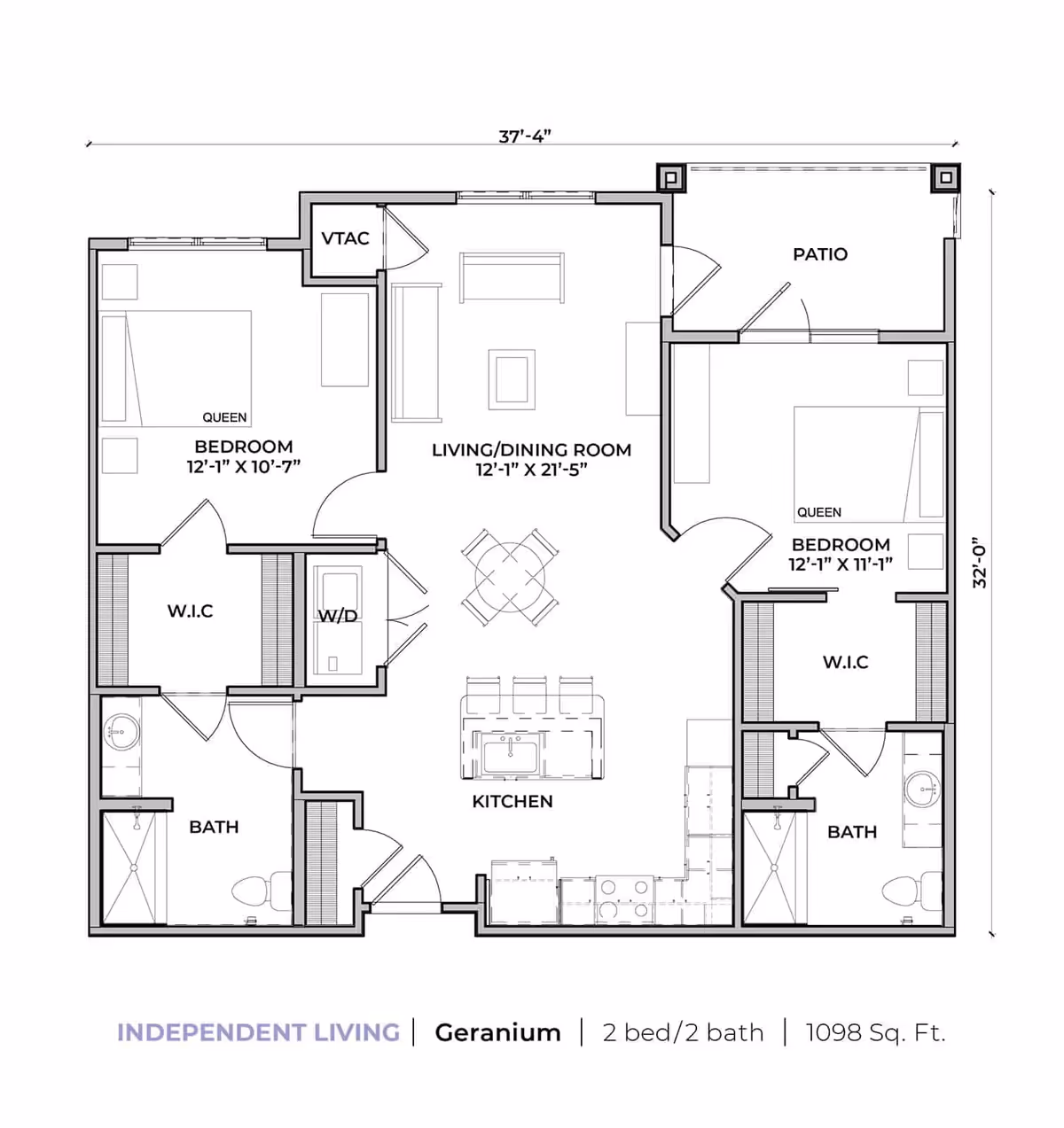 Architectural floor plan of an independent living unit named Geranium at Magnolia Bridge at Murrells Inlet, featuring two bedrooms each with a queen bed and walk-in closet, two bathrooms, a combined living and dining room, a kitchen with an island, a washer/dryer area, and a patio. The total area is 1098 square feet.