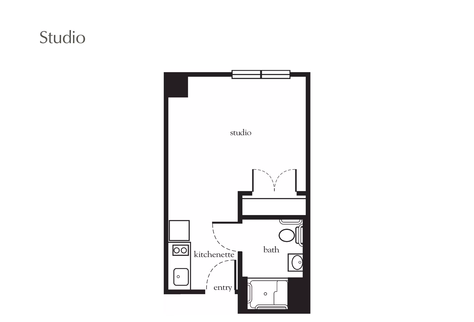 Floor plan of a studio apartment at Atria Aquidneck Place showing a studio living area, kitchenette, entry, and bathroom with a shower, toilet, and sink.
