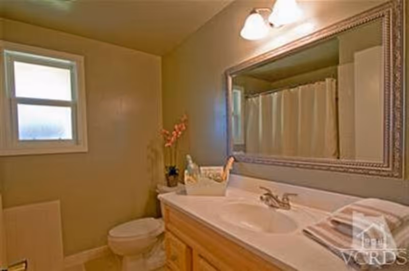 A bathroom with a toilet, a window, a sink with a countertop, a large framed mirror above the sink, a light fixture with two bulbs above the mirror, a shower with a curtain, and a small decorative plant on the countertop.