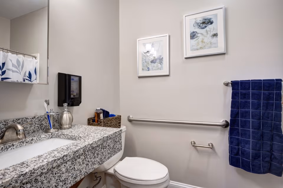 A clean bathroom with a granite countertop sink, a silver faucet, a toothbrush holder with a toothbrush, a soap dispenser, and a basket with toiletries on the toilet tank. There is a white toilet with a silver grab bar on the wall behind it. Two framed floral artworks hang above the grab bar. A blue towel hangs on a towel rack to the right. A shower curtain with a blue and white leaf pattern is partially visible on the left side.