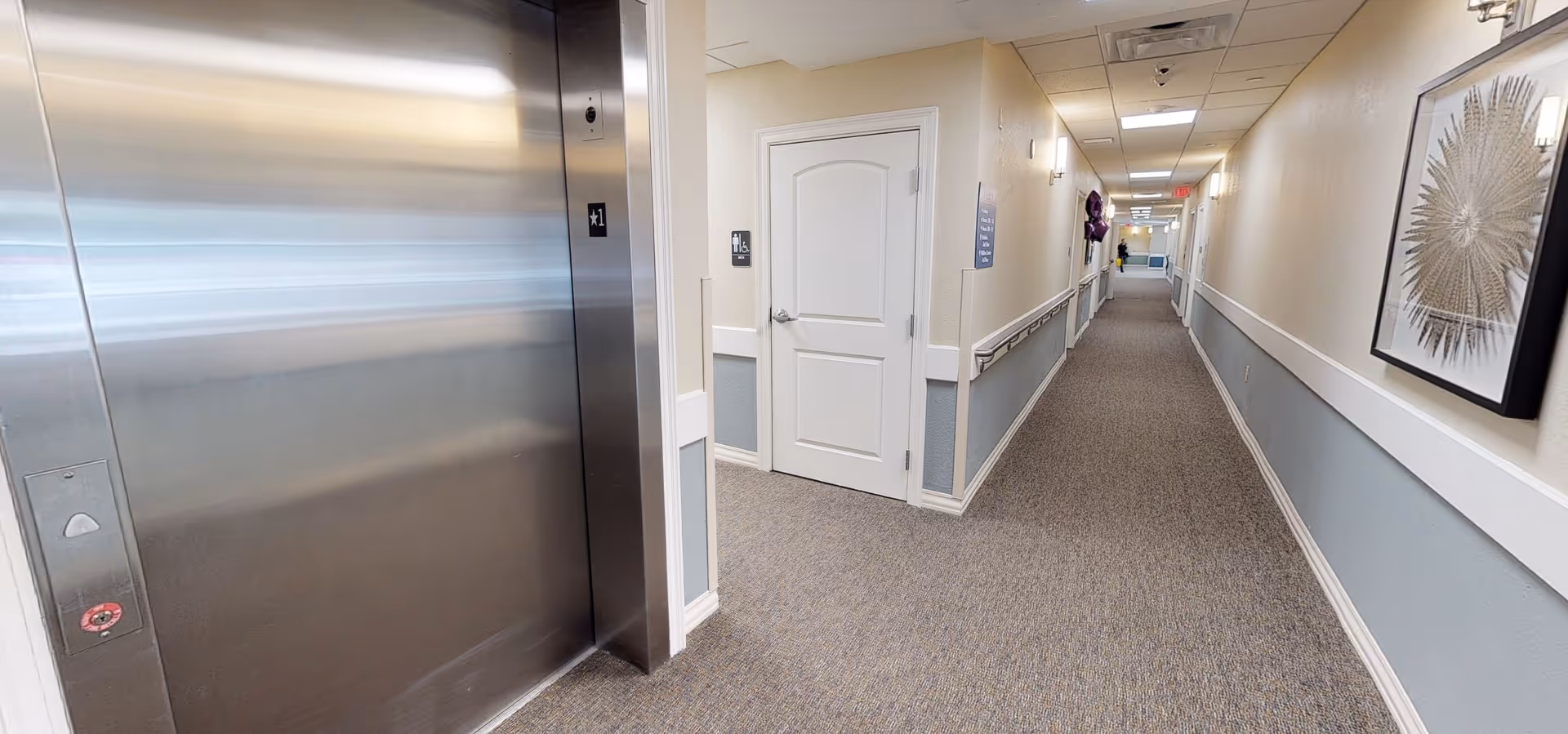 Carpeted interior hallway with an elevator on the left, handrails along the walls, doors and framed art down the corridor.