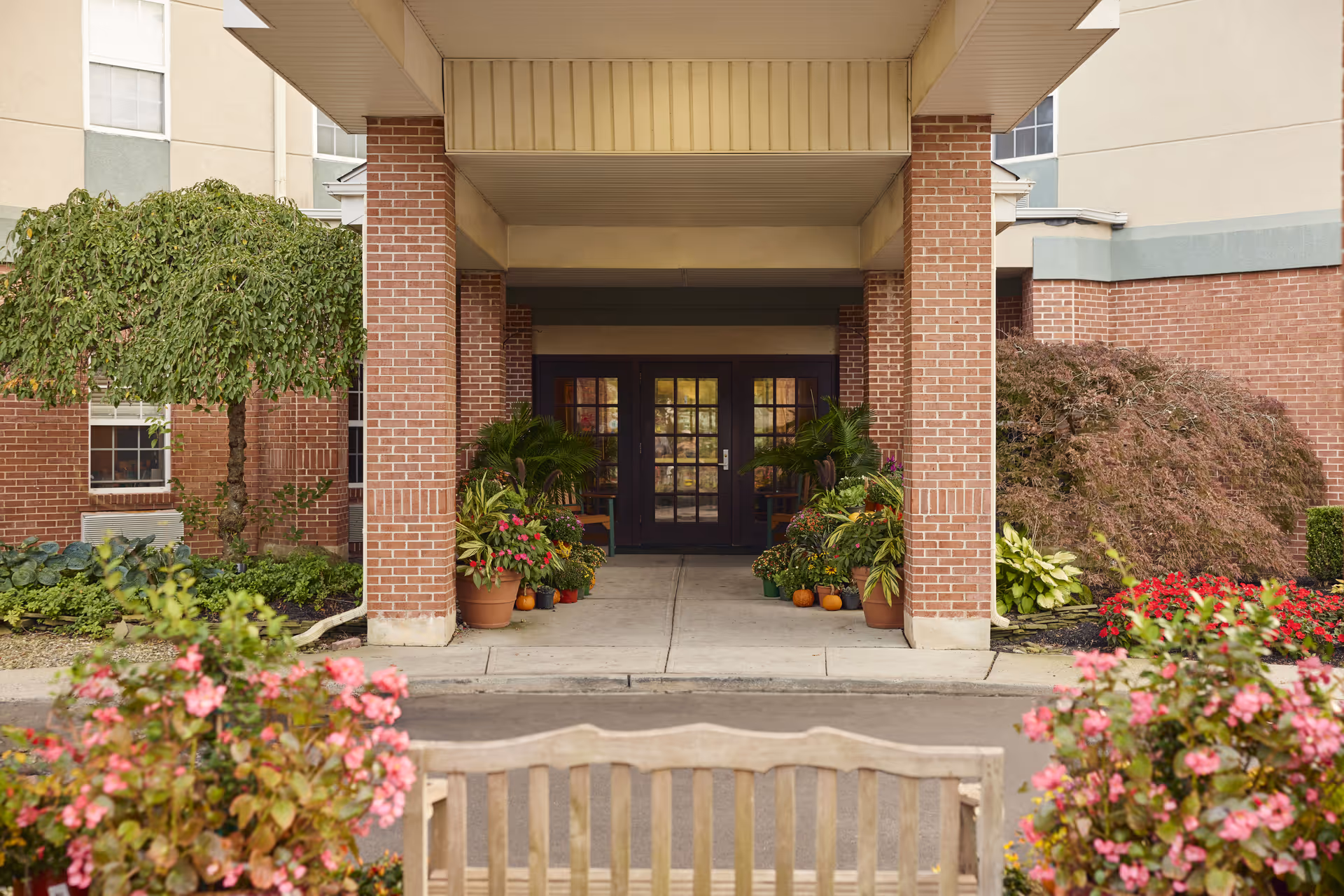 Entrance to a building with a covered walkway supported by brick pillars. There are potted plants and small pumpkins arranged on either side of the double glass doors. In the foreground, there is a wooden bench and pink flowers. The building exterior features brick and light-colored walls with windows.