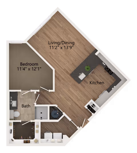 Floor plan of a senior living apartment at Overture Tributary showing a bedroom measuring 11 feet 4 inches by 12 feet 1 inch, a combined living and dining area measuring 11 feet 2 inches by 13 feet 9 inches, a kitchen with an island, a bathroom, and a closet area.