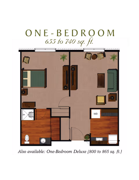 Furnished top-down one-bedroom apartment floor plan labeled 'One-Bedroom 655 to 740 sq. ft.' showing a bedroom, living room, kitchen, bathroom and washer/dryer.