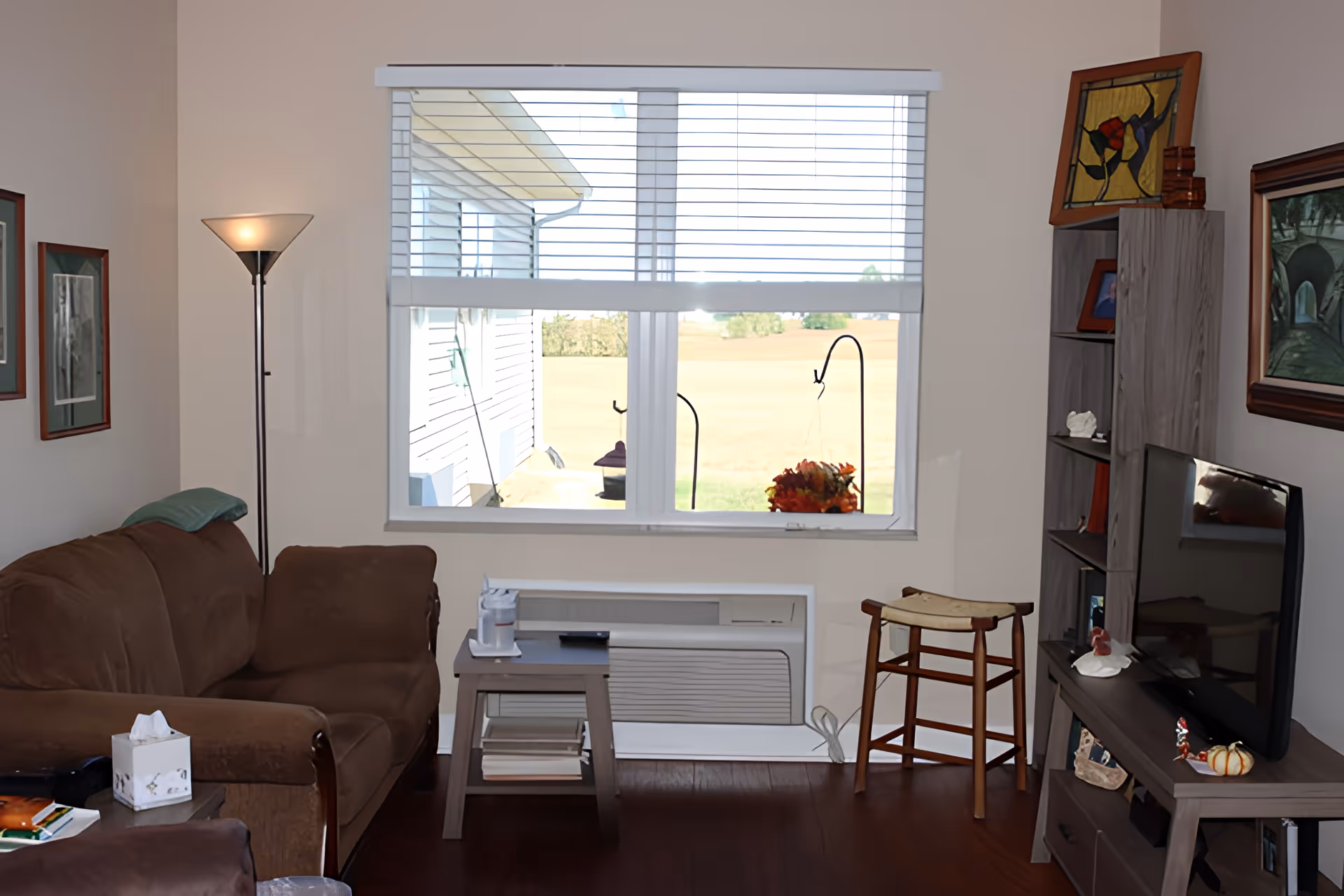 A cozy living room with a brown couch, a small wooden side table holding a tissue box and a glass of water, a floor lamp, a wooden stool, and a TV on a wooden TV stand. There is a large window with white blinds showing an outdoor view of a field and part of a house exterior. The room has wooden flooring and light-colored walls decorated with framed pictures and artwork.