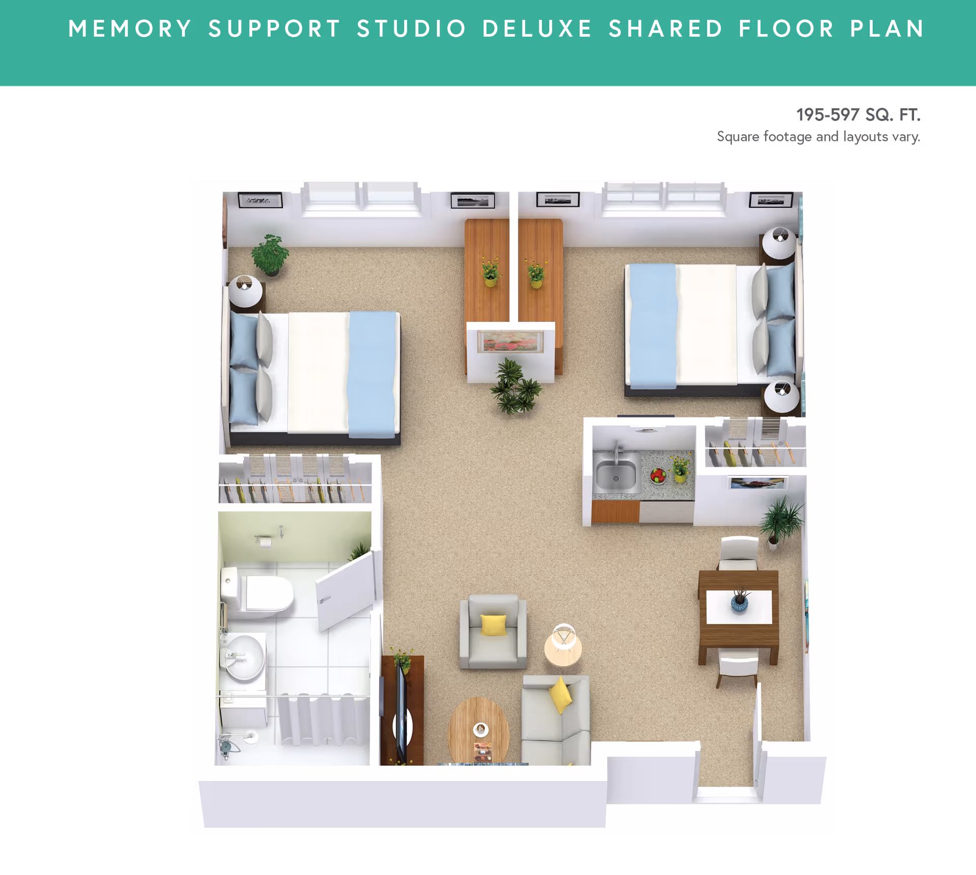 Top-down rendered shared memory-support studio floor plan showing two beds, a central living area, kitchenette, dining table and a bathroom.