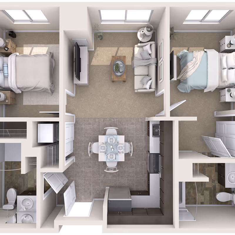 Top-down floor plan rendering of a two-bedroom apartment showing a central dining/kitchen area, living room and two bathrooms.