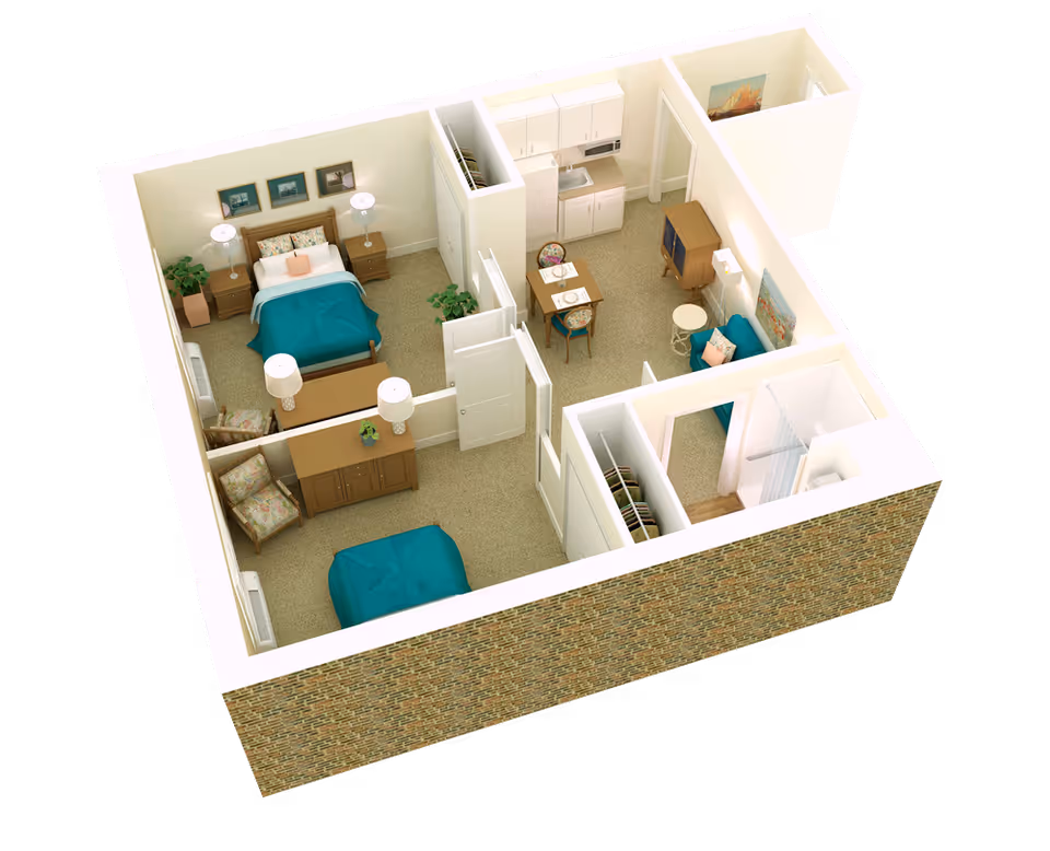 3D rendered floor plan of a furnished assisted living apartment showing a bedroom, sitting area, kitchenette, dining table, bathroom and closets.