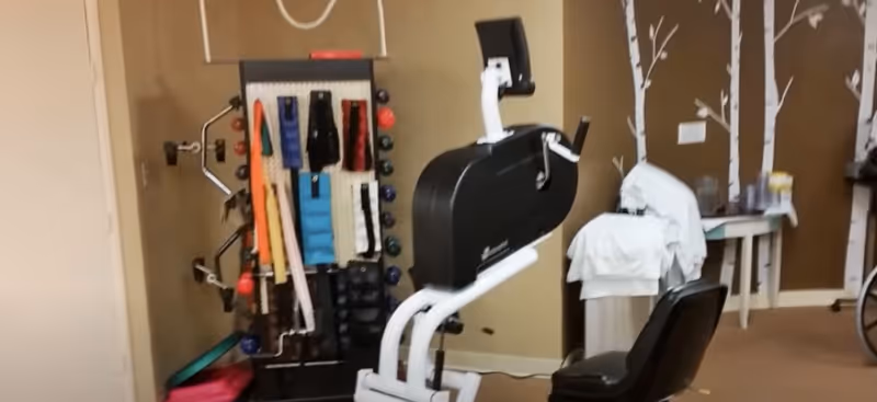A small therapy/exercise room with a recumbent exercise bike, a rack of dumbbells and resistance bands, and seating against a brown wall with tree decals.