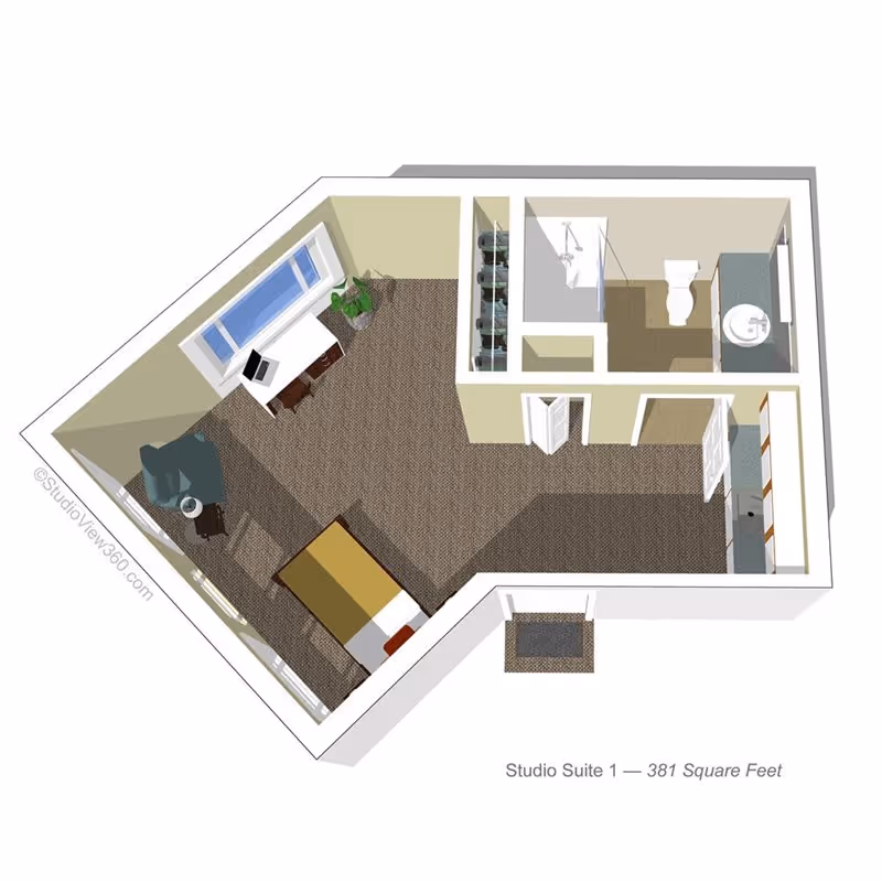 3D floor plan of a studio suite measuring 381 square feet, showing a combined living and sleeping area with a bed, armchair, desk with a laptop, and a plant near a window. The suite includes a bathroom with a shower, toilet, and sink, and a small kitchen area with cabinets and a countertop.
