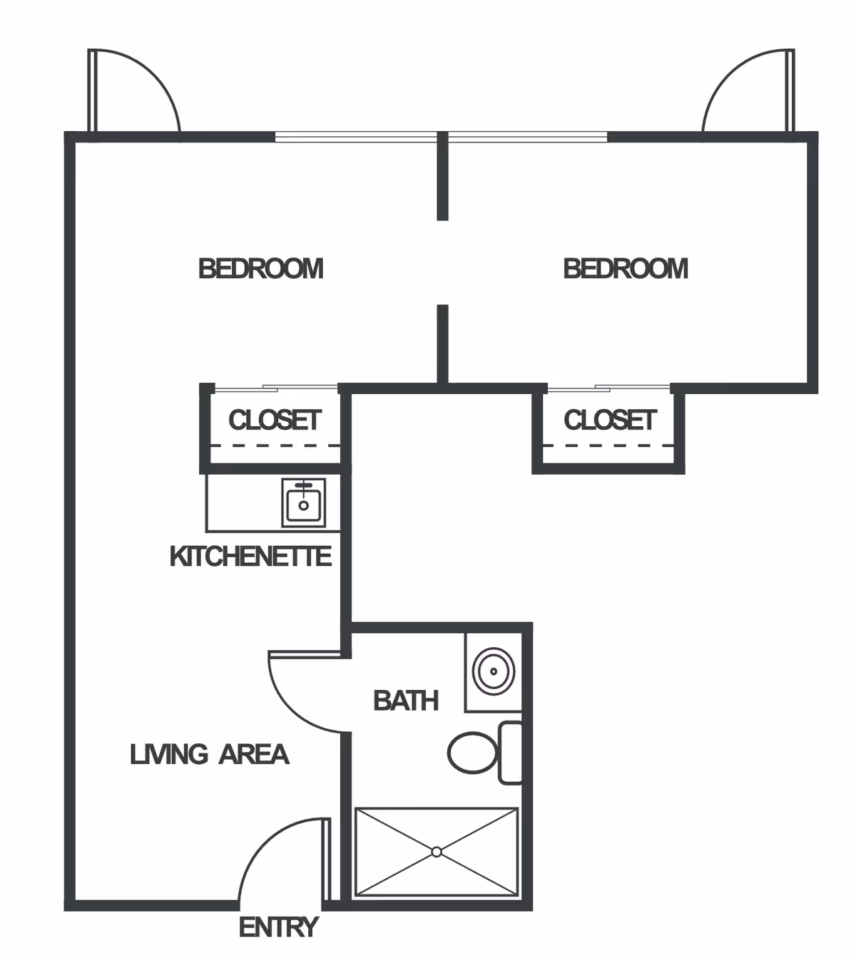 Floor plan layout showing two bedrooms each with a closet, a kitchenette, a living area, a bathroom with a shower, toilet, and sink, and an entry door.