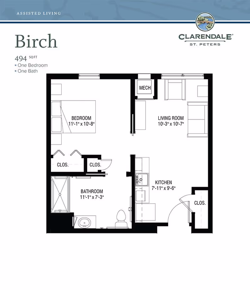 Floor plan of a one-bedroom, one-bath assisted living apartment named Birch at Clarendale of St. Peters, showing bedroom, bathroom, living room, kitchen, closets, and mechanical room with dimensions.