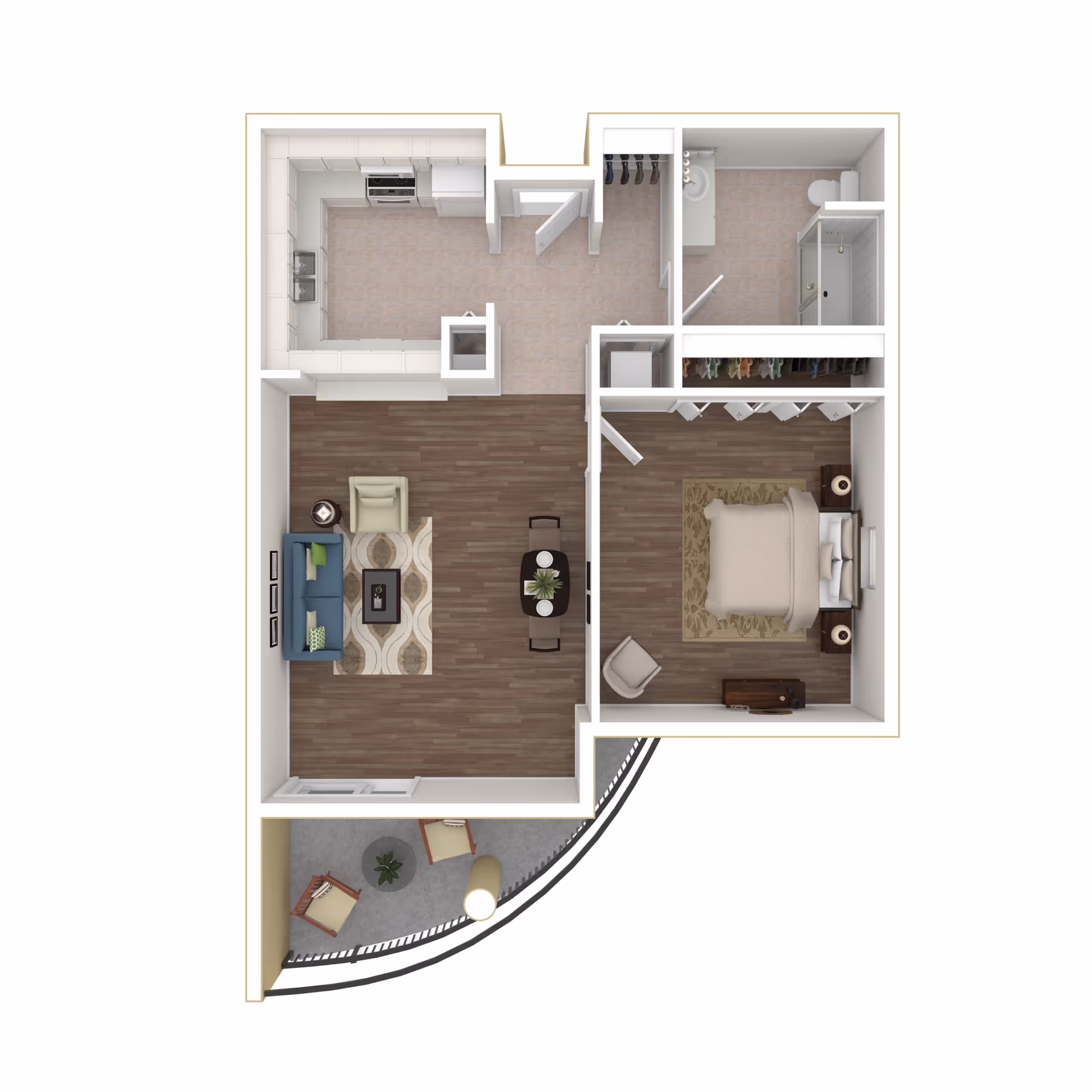 3D floor plan of a one-bedroom apartment at Cypress Village showing a living room with sofa, armchair, coffee table, and dining table, a kitchen with appliances and cabinets, a bedroom with a bed, nightstands, chair, and dresser, a bathroom with a shower, toilet, and sink, and a curved balcony with two chairs and a small table.