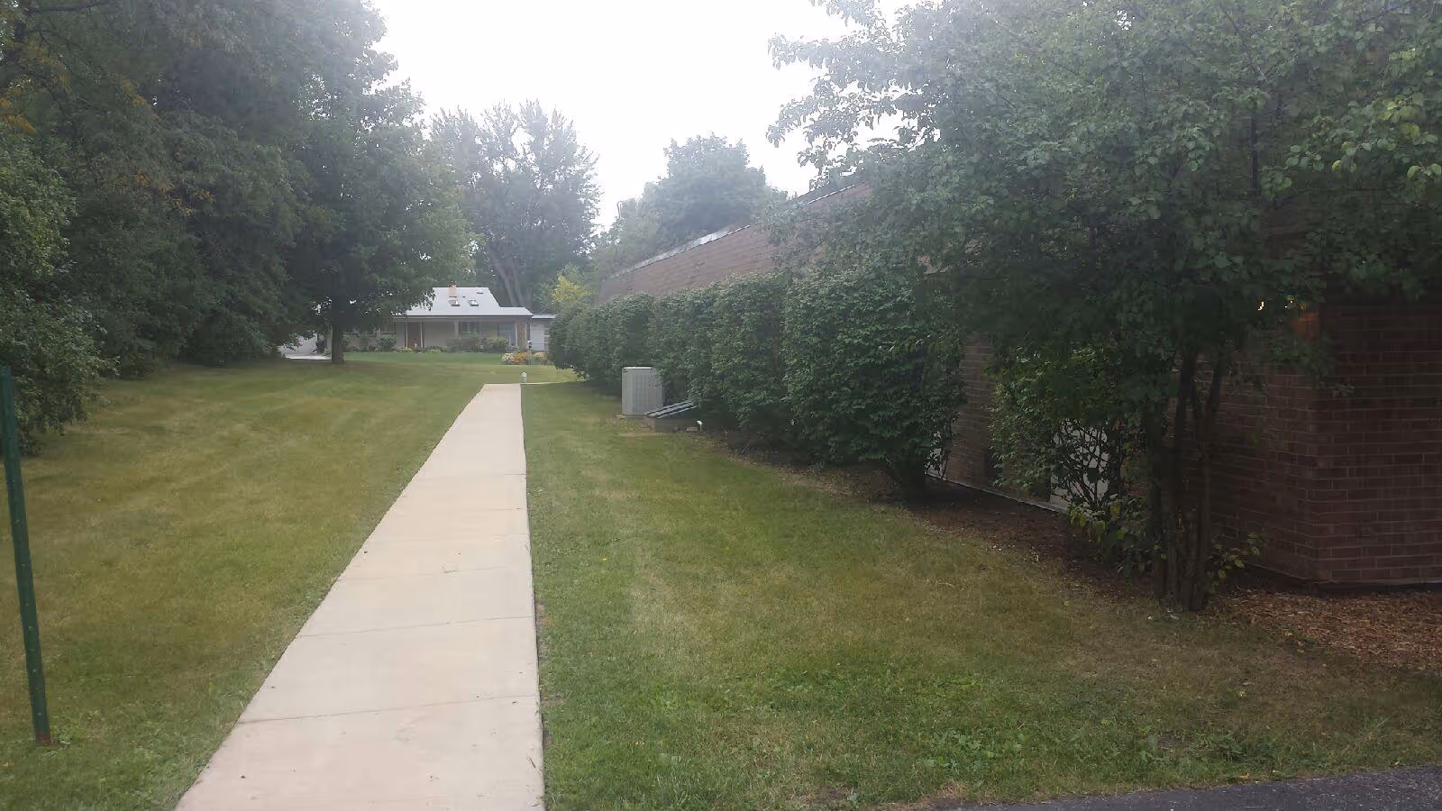 A concrete walkway runs through a grassy area bordered by trees and bushes, leading to a building in the distance. On the right side, there is a brick building partially covered by green shrubs and trees.