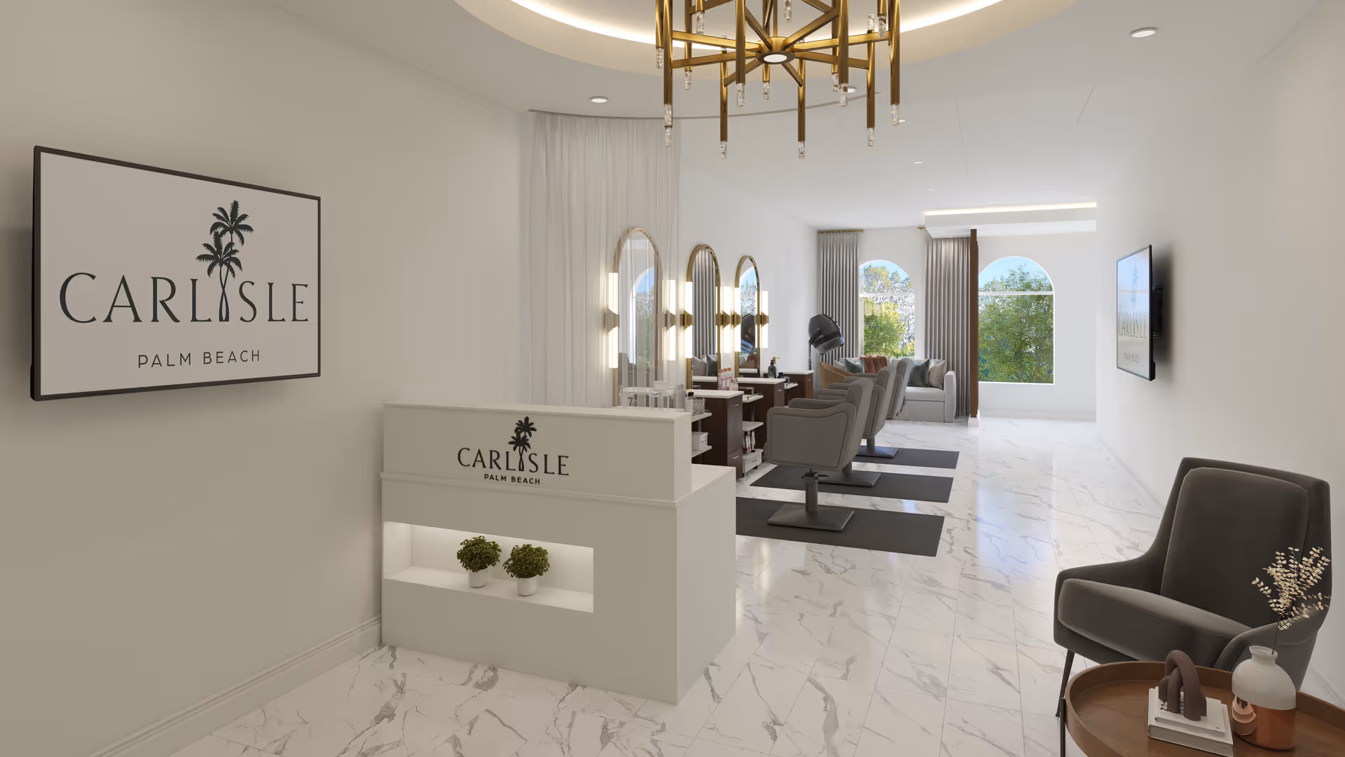 Bright modern interior salon and reception area with a Carlisle Palm Beach sign, front desk, styling chairs, and seating.