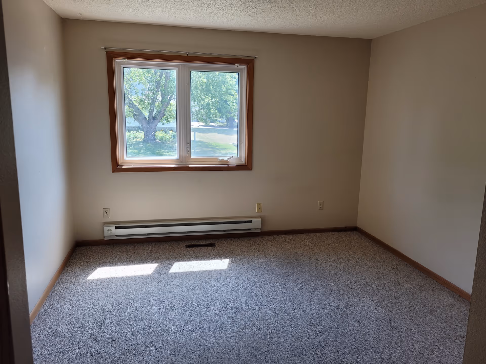 Empty carpeted bedroom with a single window, baseboard heater, and beige walls.