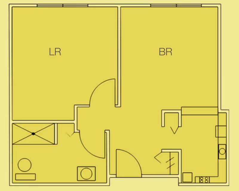 Architectural floor plan showing a layout with labeled rooms including a living room (LR), bedroom (BR), bathroom, and kitchen area.