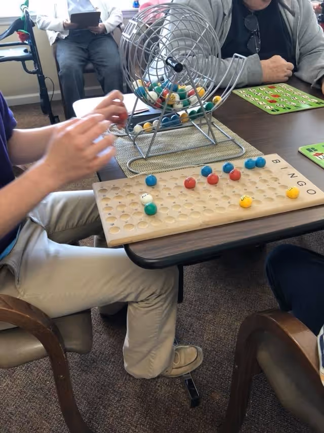 People sitting around a table playing bingo with a bingo cage and colored bingo balls on a wooden bingo board in a room with carpeted floor.