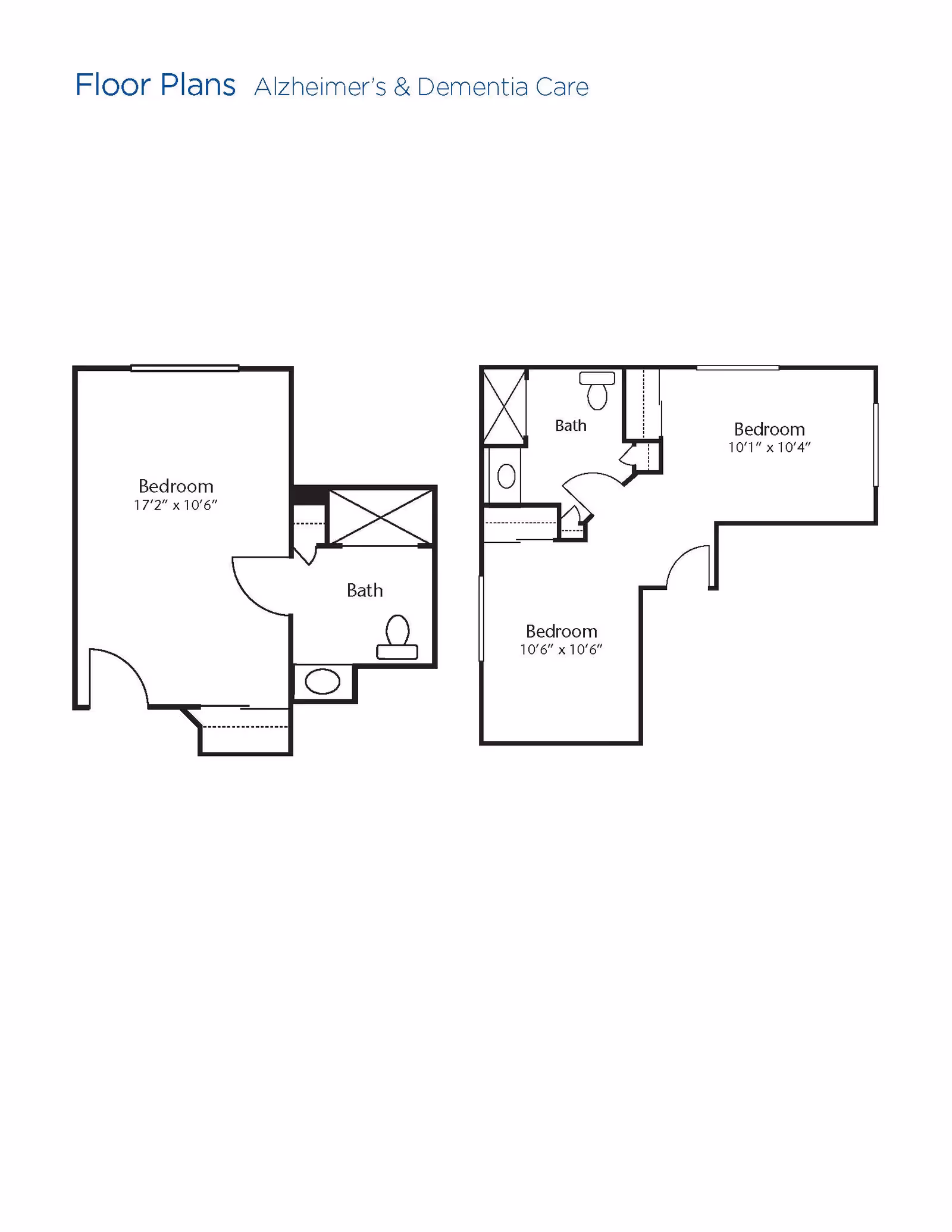 Floor plans for Alzheimer's and Dementia Care showing layouts with bedrooms and bathrooms. The left plan includes one bedroom measuring 17'2" x 10'6" and a bathroom. The right plan includes two bedrooms measuring 10'1" x 10'4" and 10'6" x 10'6" with a bathroom in between.
