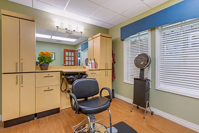 Interior view of a salon area in a senior living facility with a black salon chair in front of a counter with a sink, surrounded by light wood cabinets. There is a hair dryer on a stand near two windows with white blinds and a blue valance. The walls are painted light green and the floor is wood.