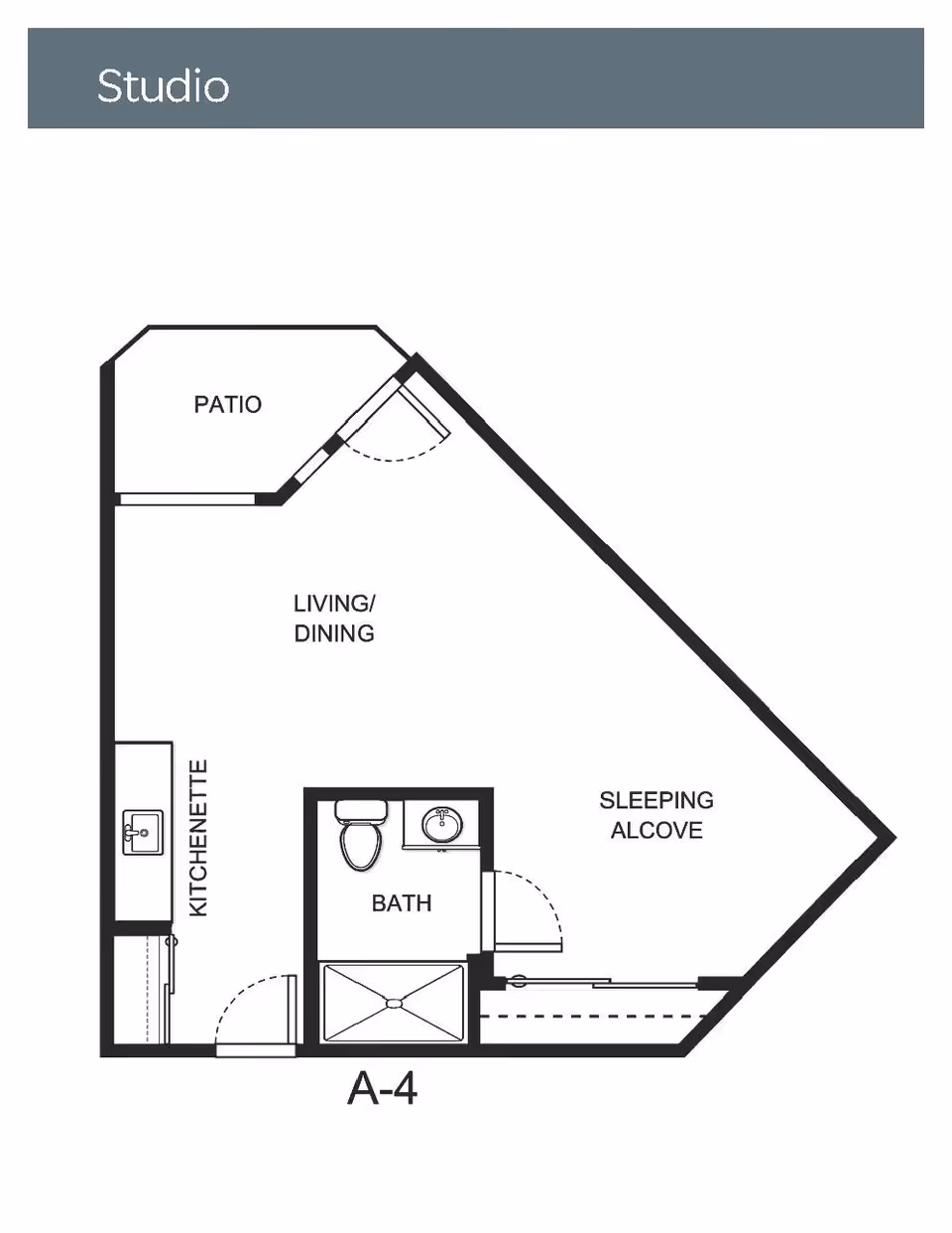 Floor plan of a studio apartment labeled A-4, showing a patio, living/dining area, kitchenette, bath, and sleeping alcove.