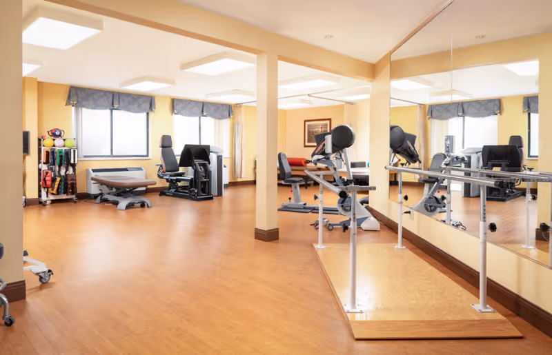 Bright rehabilitation/fitness room with exercise equipment, parallel walking bars, mirrors, and wood-look flooring.