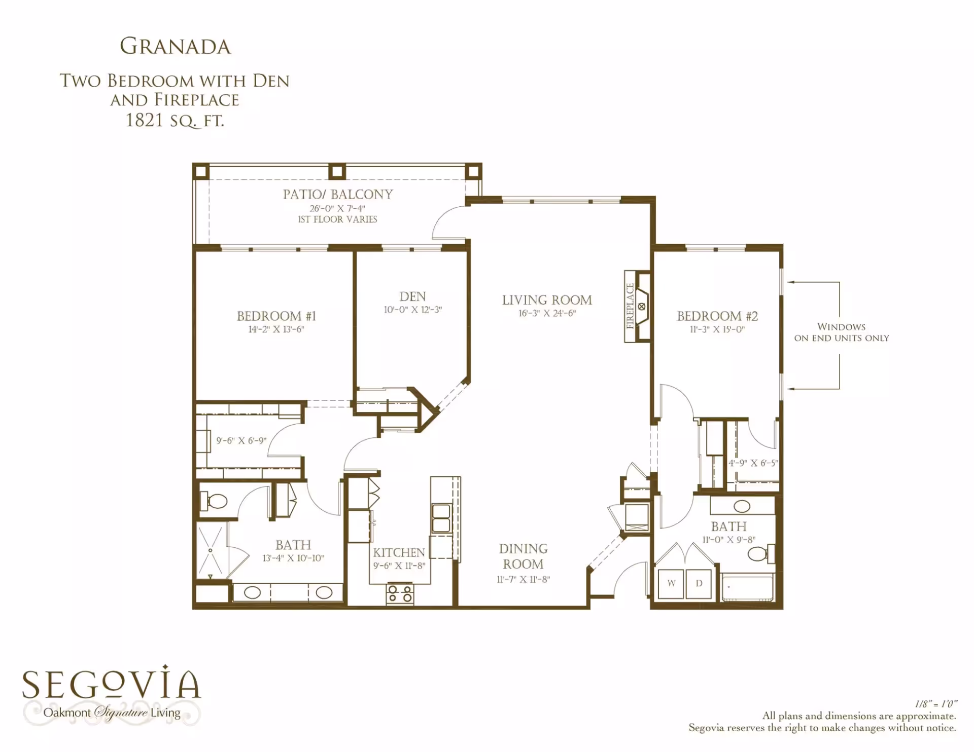 Floor plan of the Granada unit at Segovia, showing a two-bedroom layout with a den, fireplace, living room, dining room, kitchen, two bathrooms, and a patio/balcony. Dimensions for each room are included.