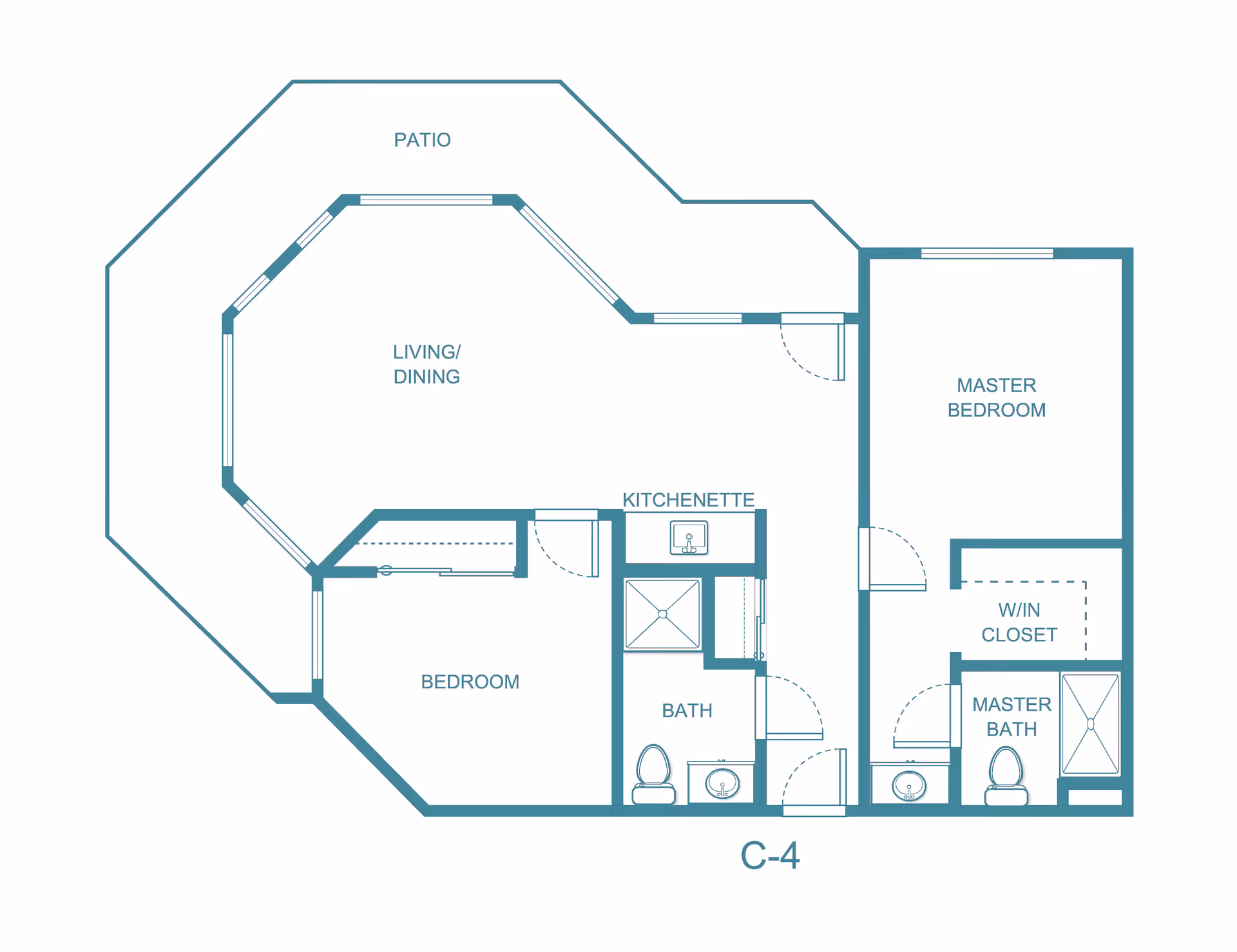 Architectural floor plan of a residential unit at Solista Bellevue showing a patio, living/dining area, kitchenette, bedroom, bath, master bedroom with walk-in closet, and master bath.