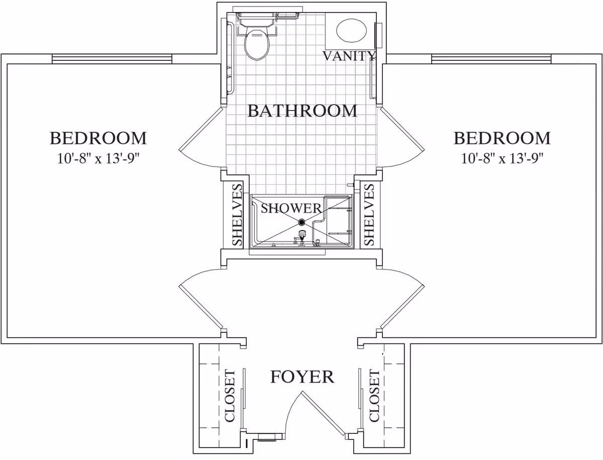 Architectural floor plan showing two bedrooms each measuring 10 feet 8 inches by 13 feet 9 inches, a central bathroom with a vanity, toilet, and shower, shelves on either side of the shower, and a foyer with closets on both sides.