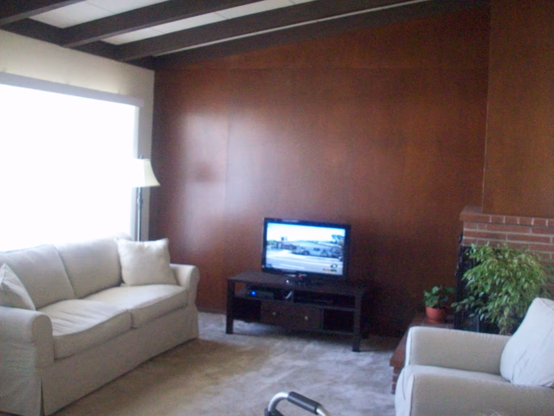 A living room with beige sofas, a small TV on a stand against a wood-paneled wall, and a potted plant by a brick fireplace.