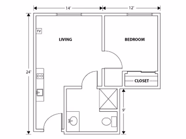 Floor plan of a small apartment with a living area labeled 'LIVING' including a TV and kitchen appliances, a bedroom labeled 'BEDROOM' with a closet, and a bathroom with a sink and toilet. Dimensions are marked along the walls.