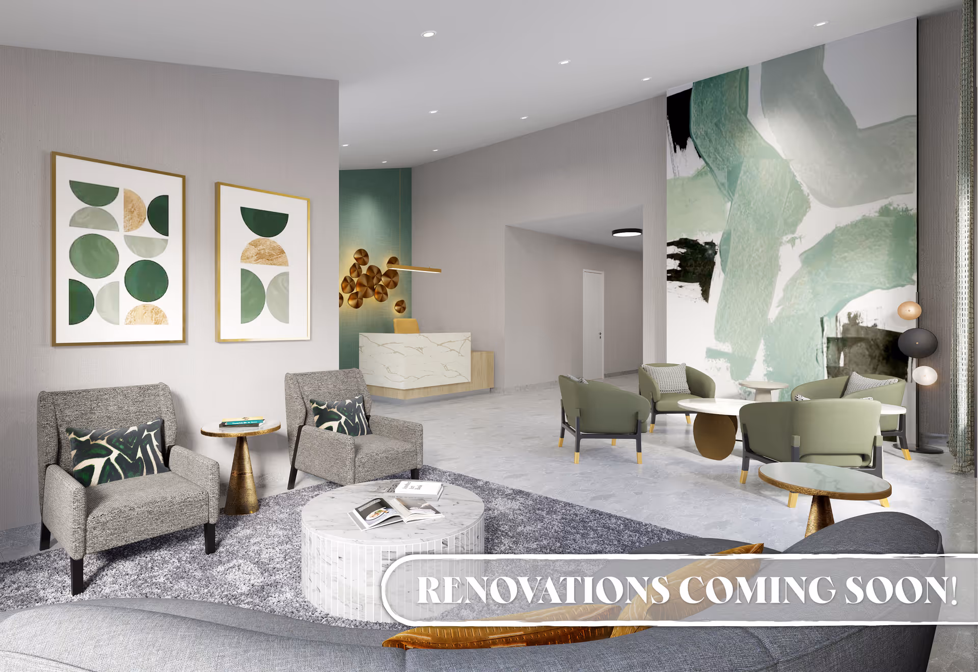A modern and spacious living room area with gray armchairs, green cushioned chairs, round marble coffee tables, abstract green and gold wall art, and a reception desk in the background. The room has a light gray floor and walls, with a large abstract green mural on one wall. A banner at the bottom right corner reads 'RENOVATIONS COMING SOON!'