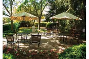 Shaded outdoor patio with round tables, chairs, and umbrellas surrounded by trees and landscaped greenery.