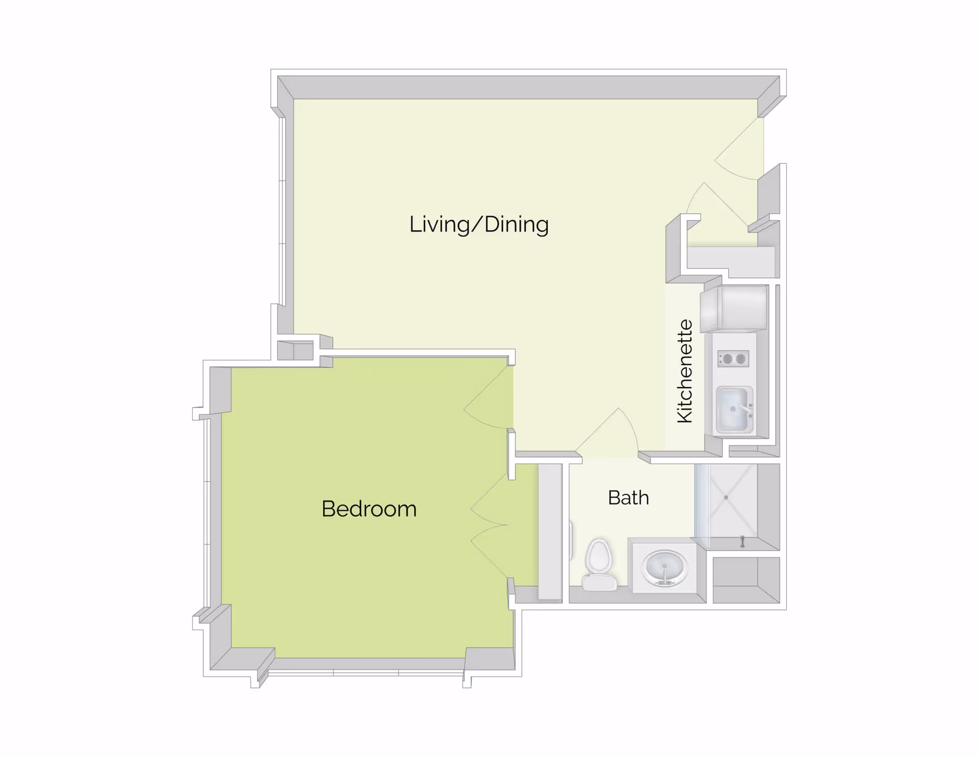 Simple floor plan of a one-bedroom apartment showing a bedroom, living/dining area, kitchenette, and bathroom.